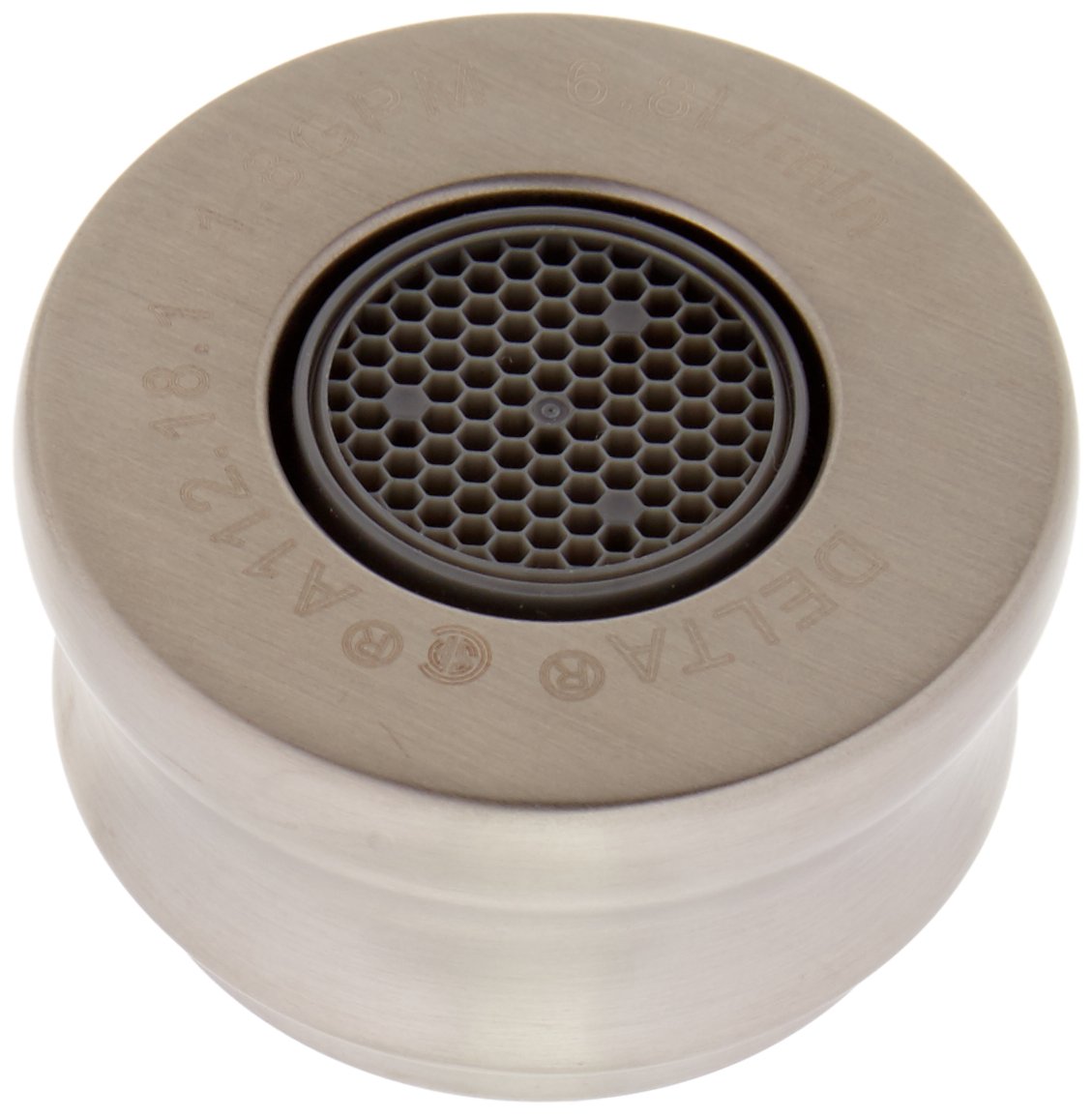 Stainless steel faucet aerator with circular mesh screen and threaded white plastic base.