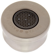 Stainless steel faucet aerator with circular mesh screen and threaded white plastic base.