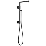 Black angular shower column with overhead arm, handheld showerhead, and wall-mounted control valve.