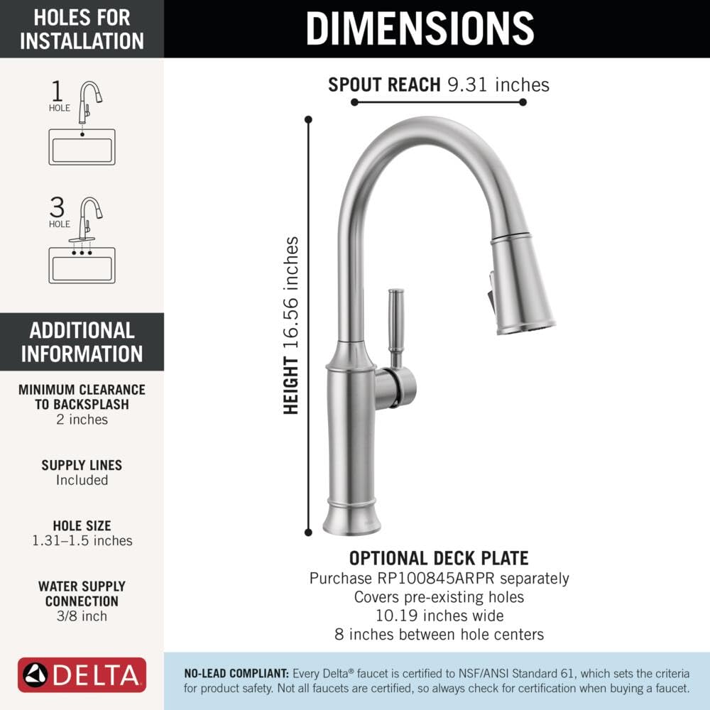 Delta Renaldi single handle pull-down kitchen faucet in stainless steel with 9.31-inch spout reach and 16.56-inch height.