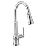 Chrome kitchen faucet with high arc pulldown spout and single handle control.