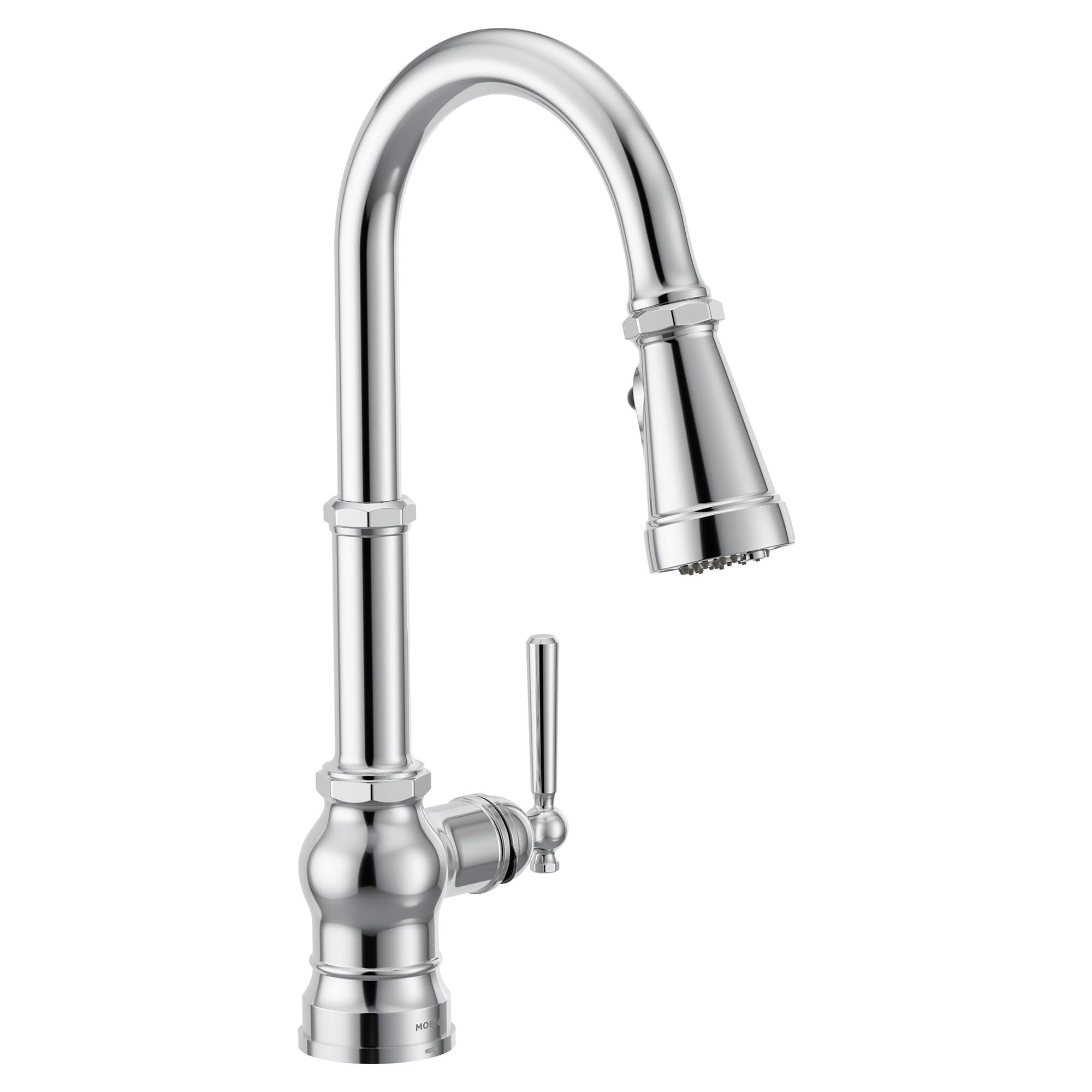 Chrome kitchen faucet with high arc pulldown spout and single handle control.