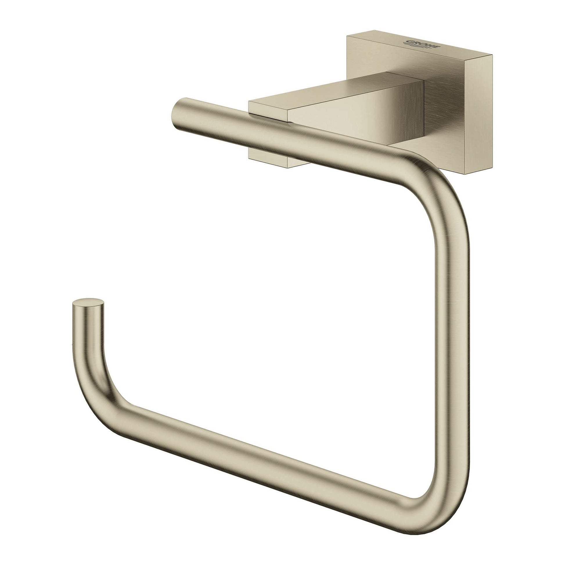 Brushed nickel paper holder with curved loop design and square wall-mounted base.