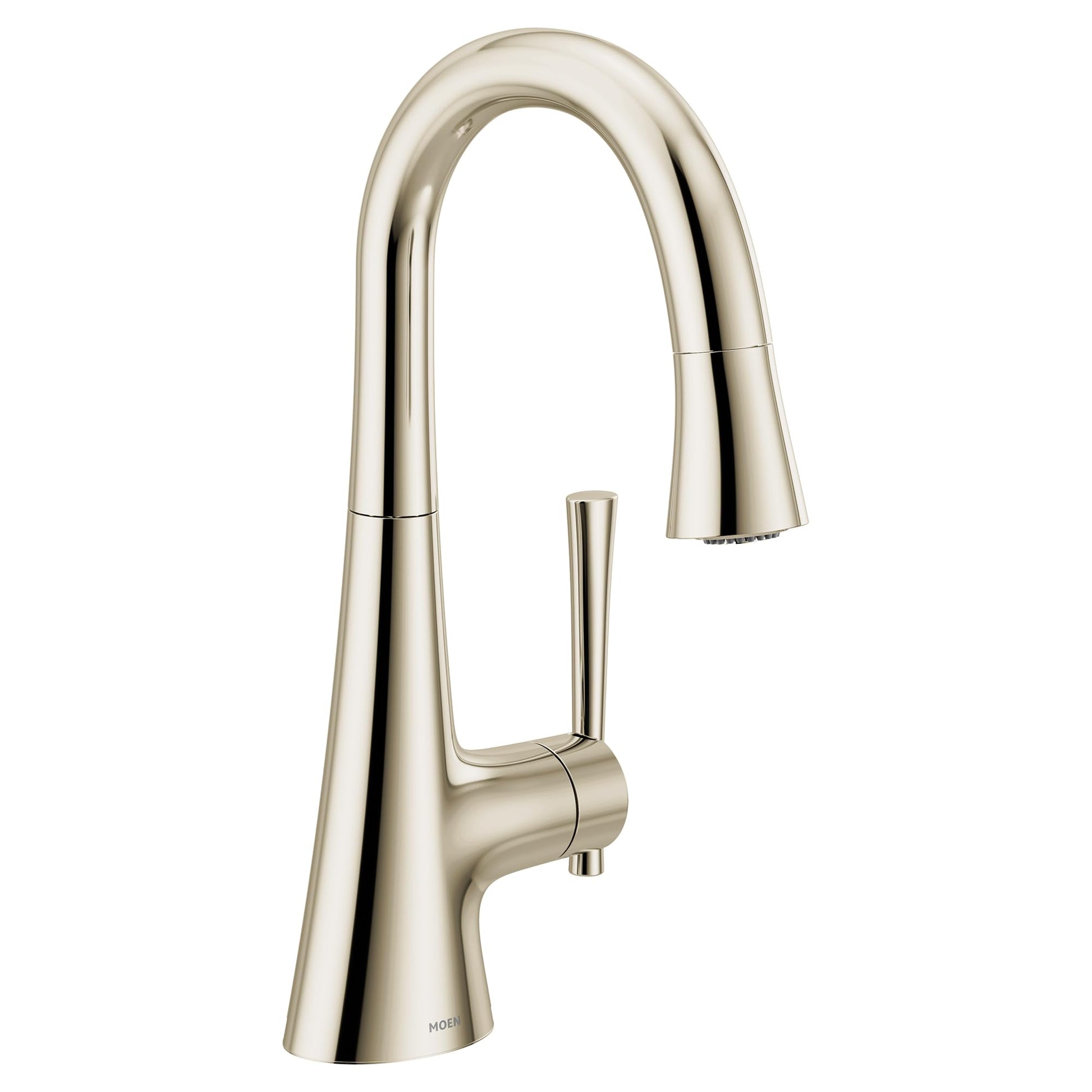 Polished nickel single-handle pulldown kitchen faucet with curved spout and cylindrical handle.