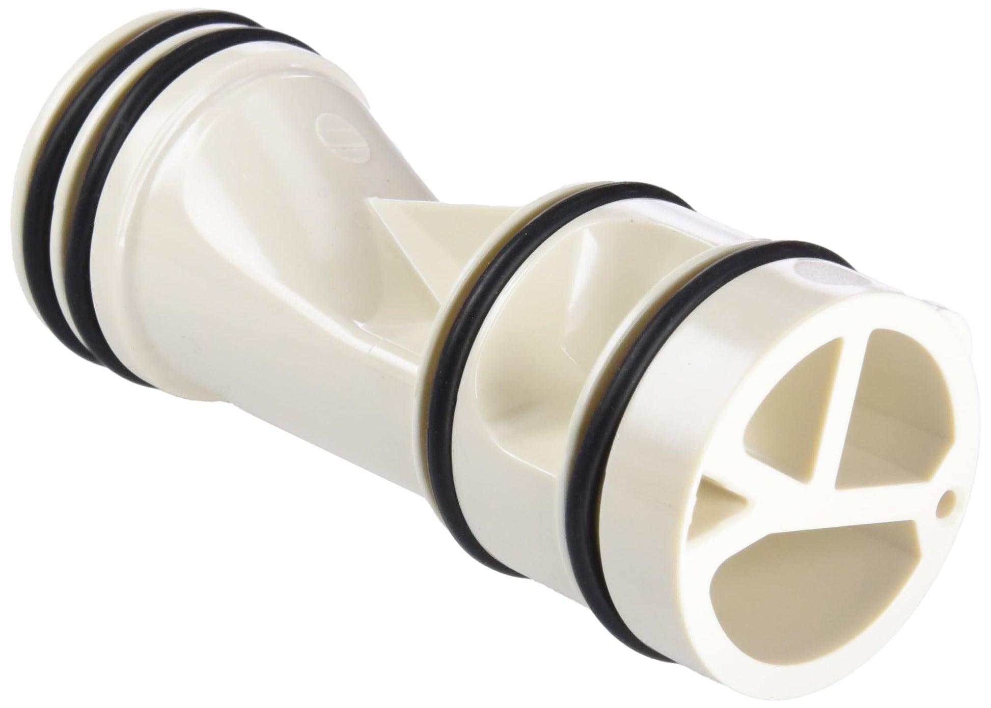 Grohe chrome water flow cartridge repair part with cream-colored body and black rubber seals.