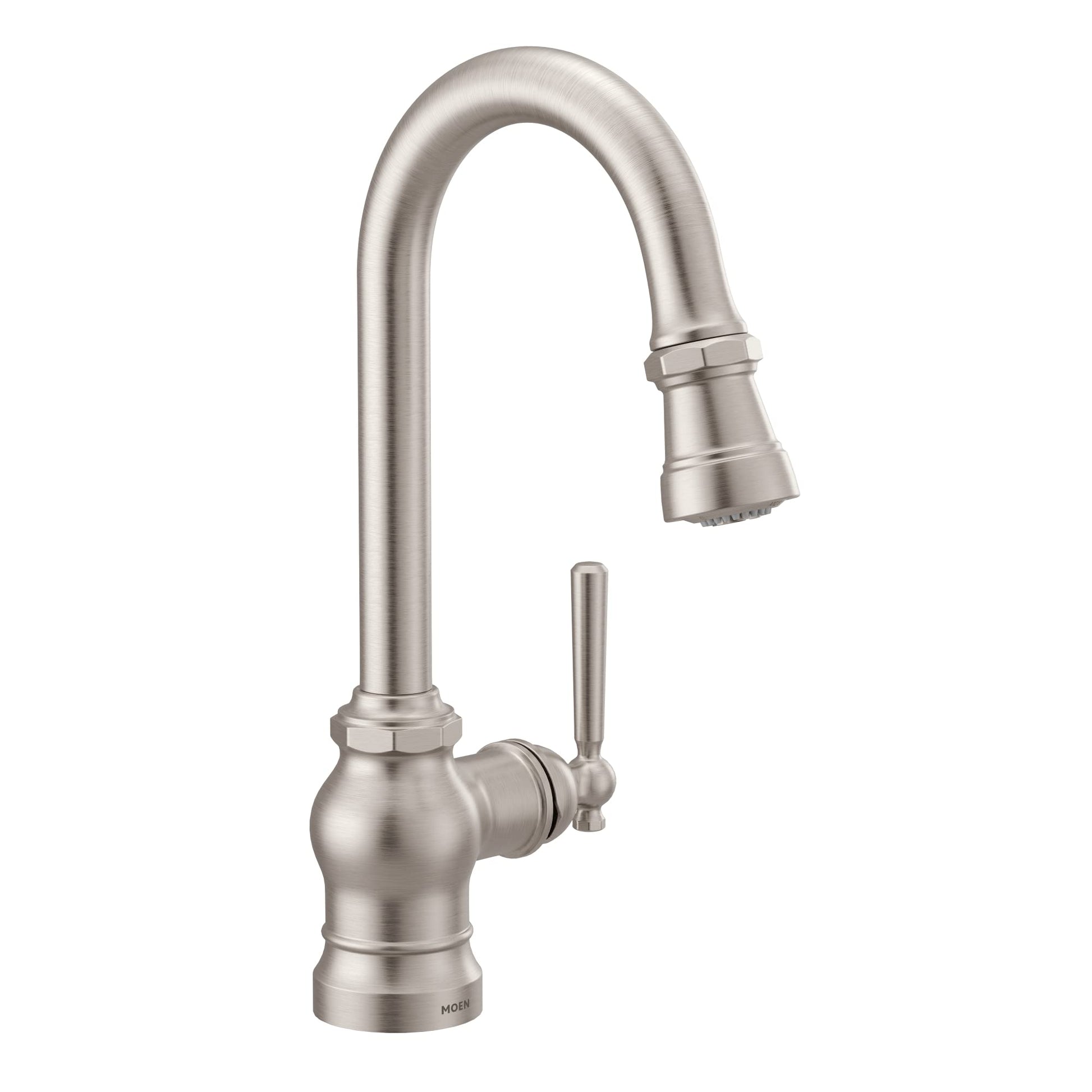 Spot resist stainless steel pulldown bar faucet with curved spout and single handle lever control.