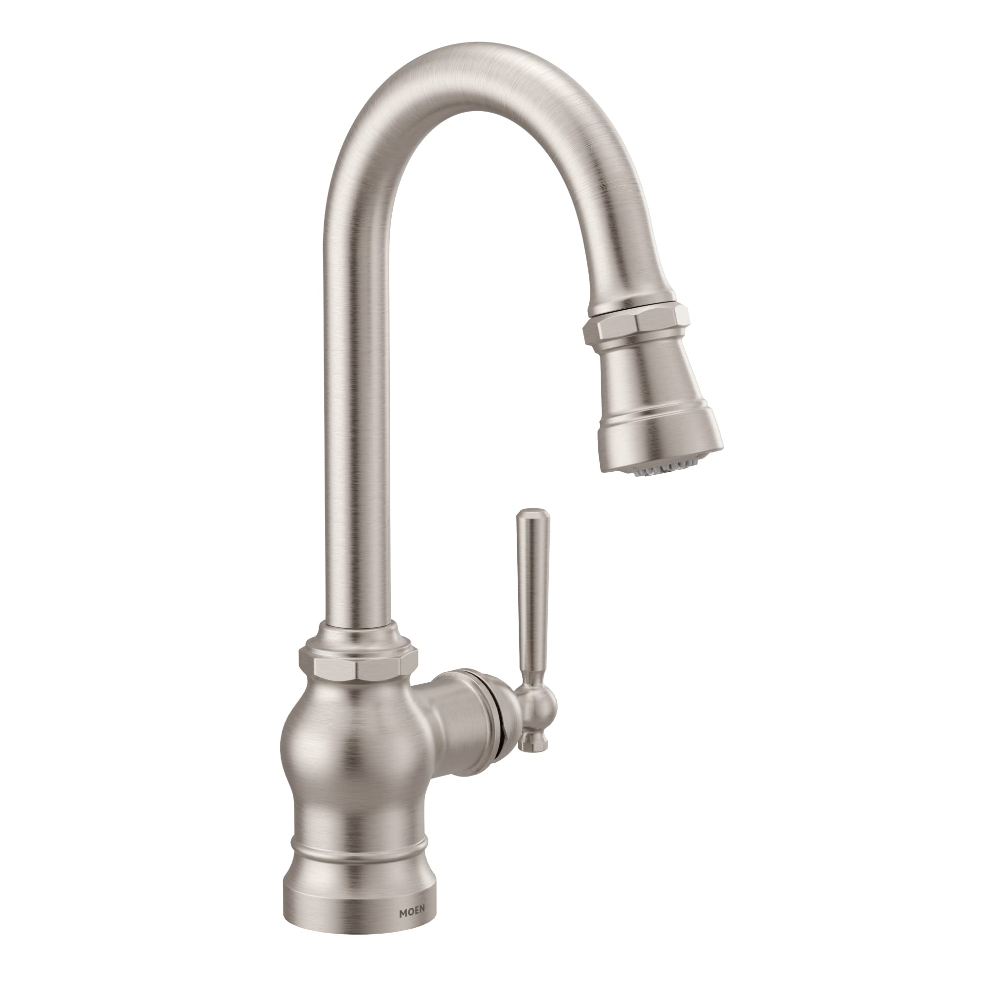 Spot resist stainless steel pulldown bar faucet with curved spout and single handle lever control.
