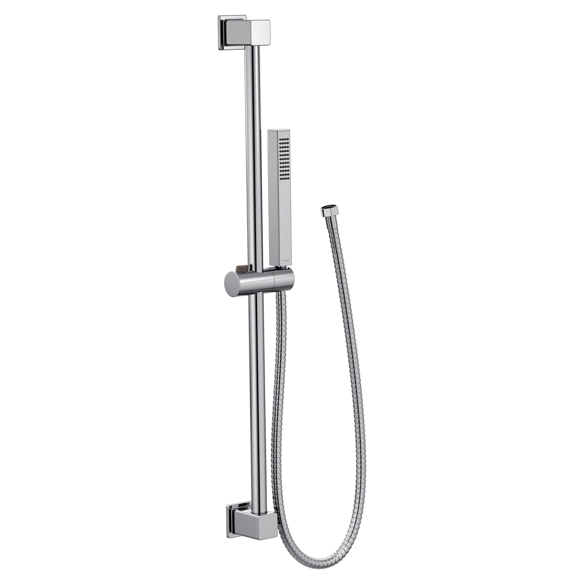 Chrome handheld showerhead with slide bar, adjustable holder, and hose connection.