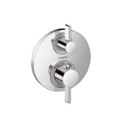 Chrome thermostatic shower valve trim with two round control knobs and rectangular lever handle.