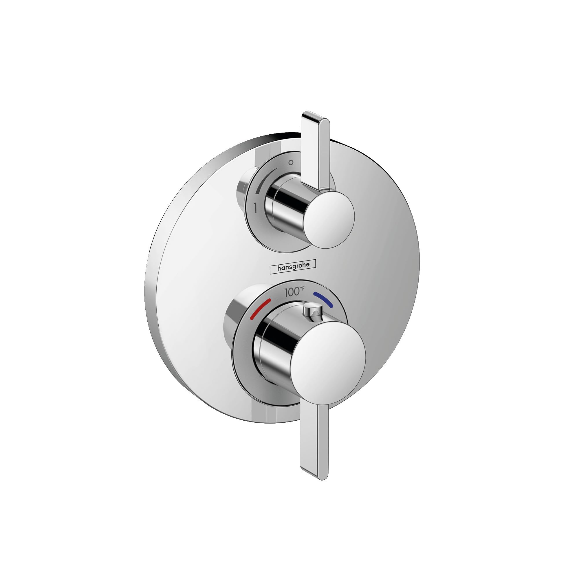 Chrome thermostatic shower valve trim with two round control knobs and rectangular lever handle.