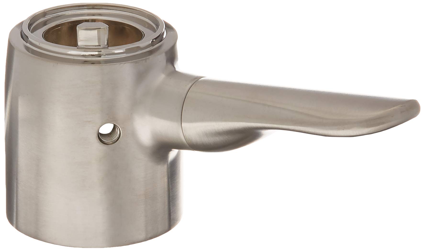 Stainless steel faucet lever handle with cylindrical base and extended metal arm control.