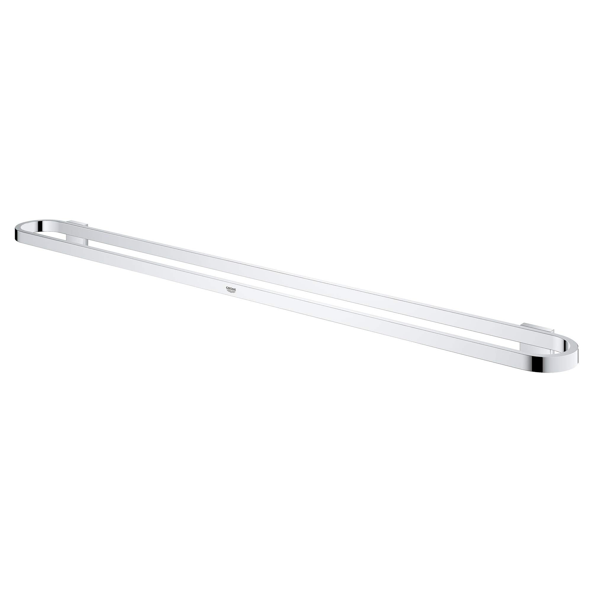 Chrome towel bar with rectangular mounting brackets at each end and a horizontal rail in the center.