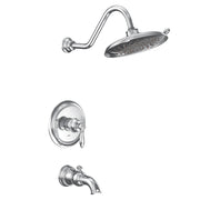 Chrome tub and shower trim kit with curved showerhead, wall-mounted valve, and tub spout.