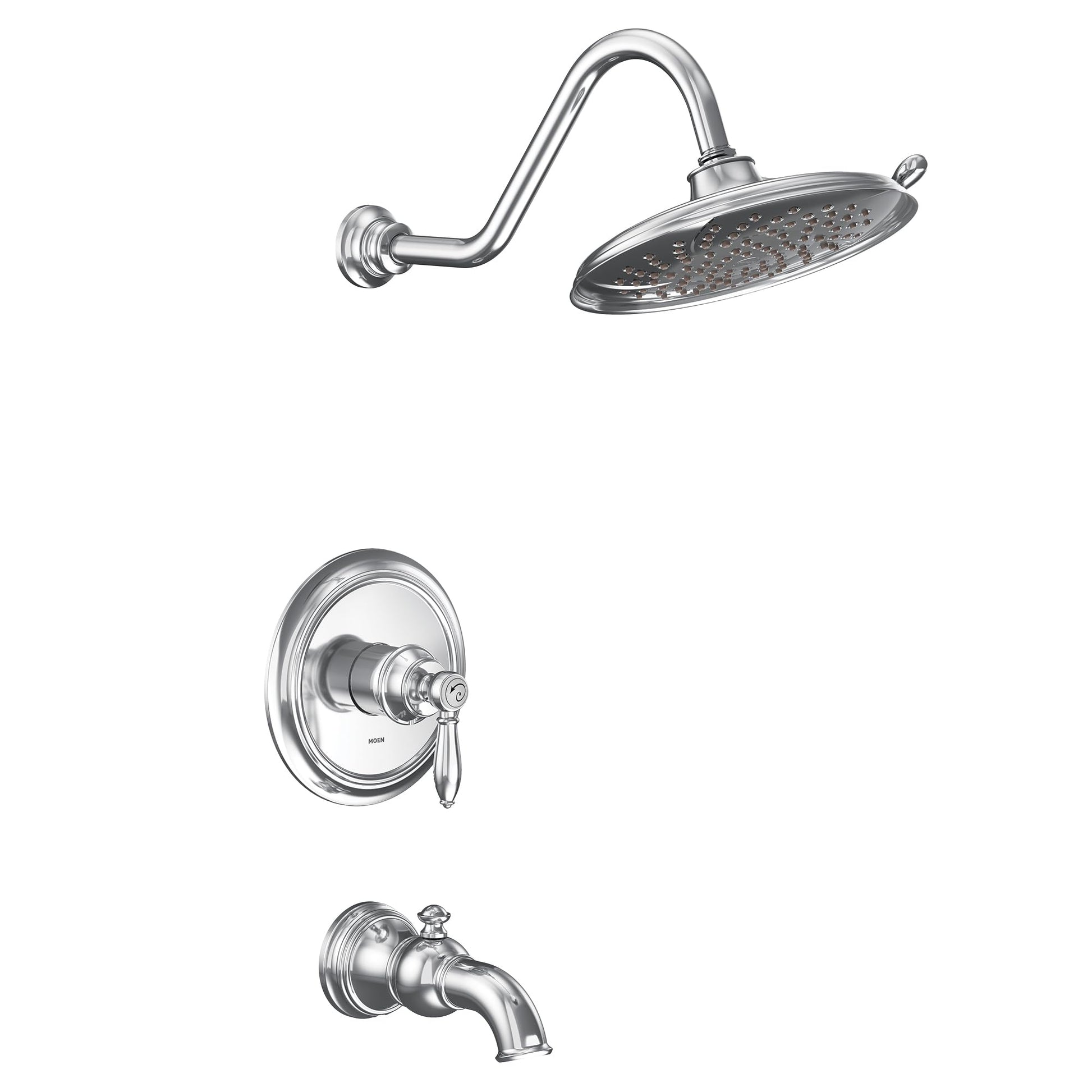 Chrome tub and shower trim kit with curved showerhead, wall-mounted valve, and tub spout.