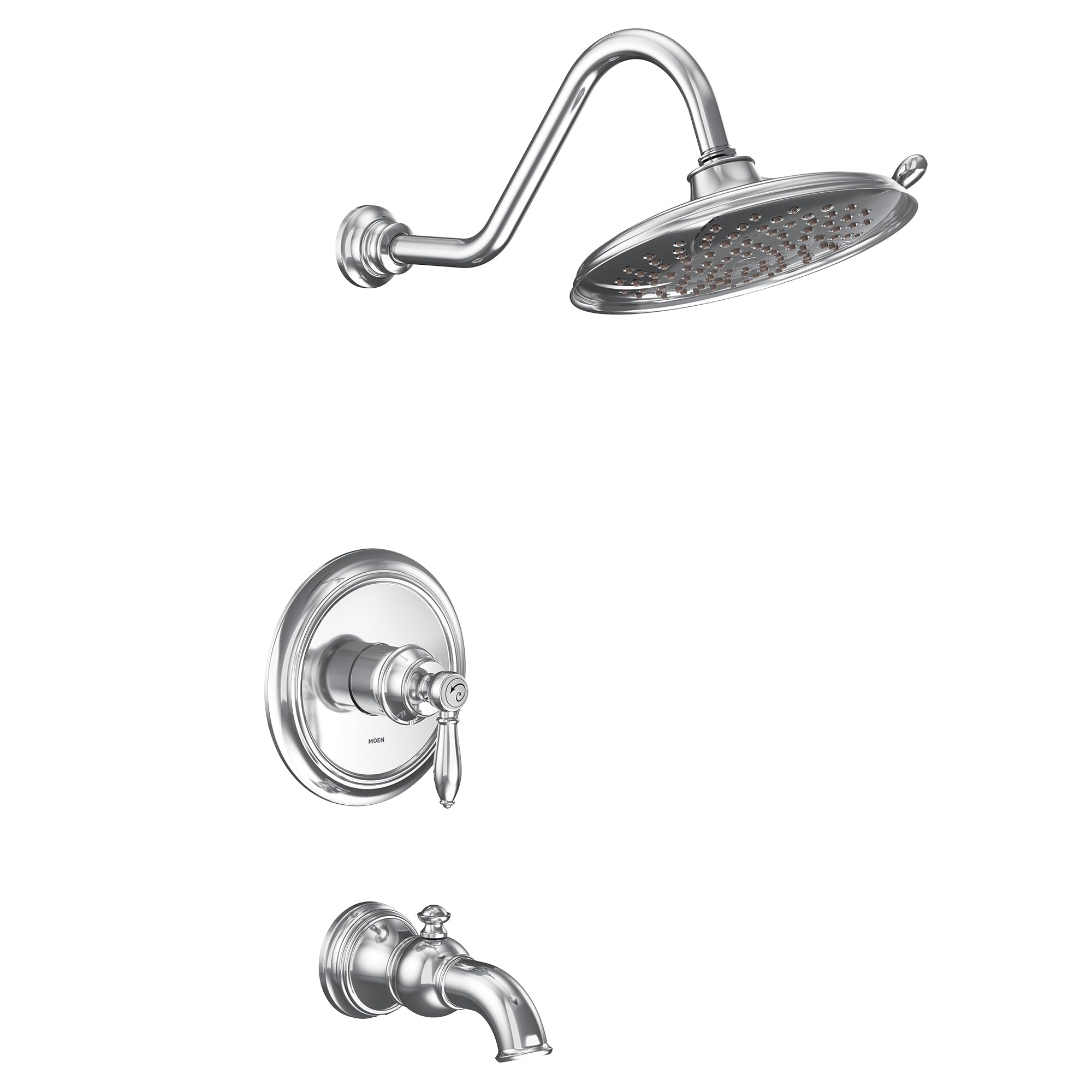 Chrome tub and shower trim kit with curved showerhead, wall-mounted valve, and tub spout.