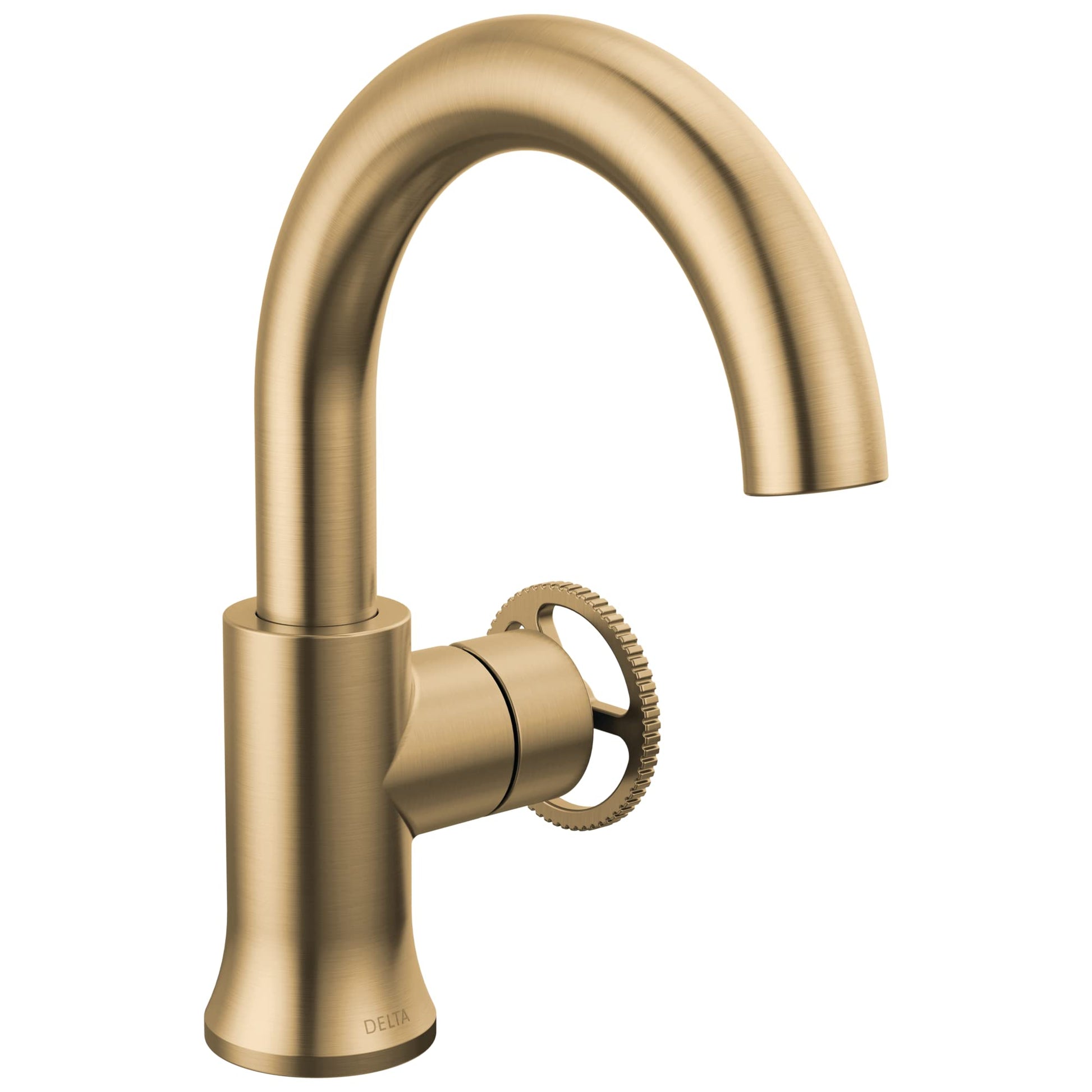 Brushed gold bathroom faucet with high curved spout and circular wheel handle on right side.
