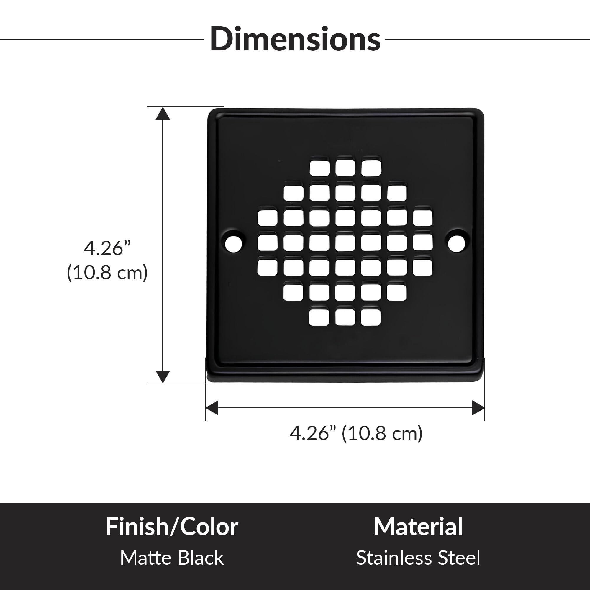 Square matte black shower strainer with grid pattern holes and two side mounting holes, 4.26 inches.