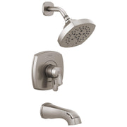 Brushed nickel tub and shower fixture with square showerhead, curved tub spout, and lever handle valve trim.