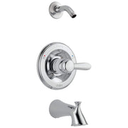 Chrome tub and shower trim with single lever handle, curved spout, and wall-mounted showerarm.