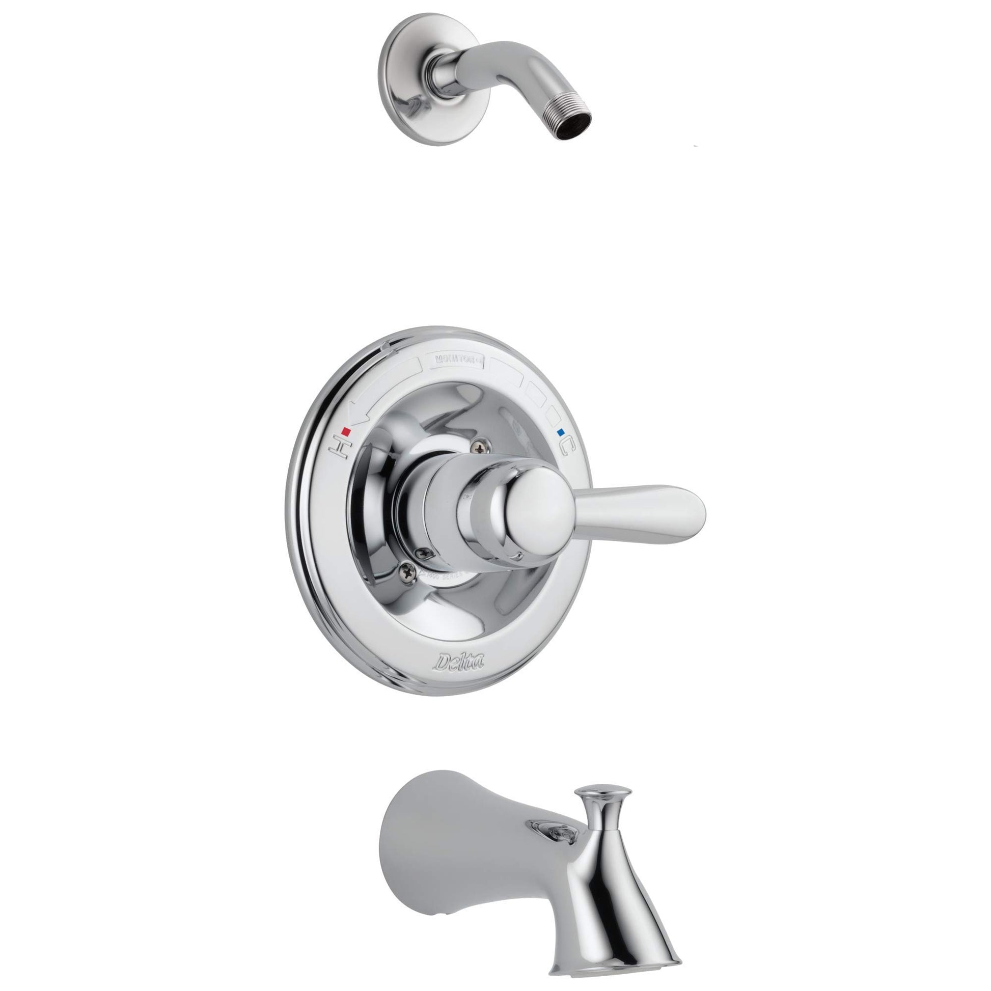Chrome tub and shower trim with single lever handle, curved spout, and wall-mounted showerarm.