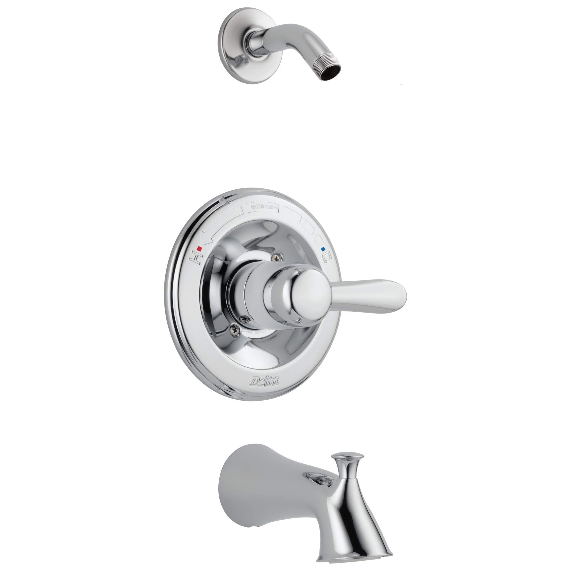 Chrome tub and shower trim with single lever handle, curved spout, and wall-mounted showerarm.