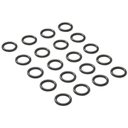 Multiple black rubber o-rings arranged in rows on white background.