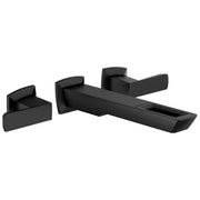 Black wall-mounted bathroom faucet with two lever handles and rectangular open-flow spout.