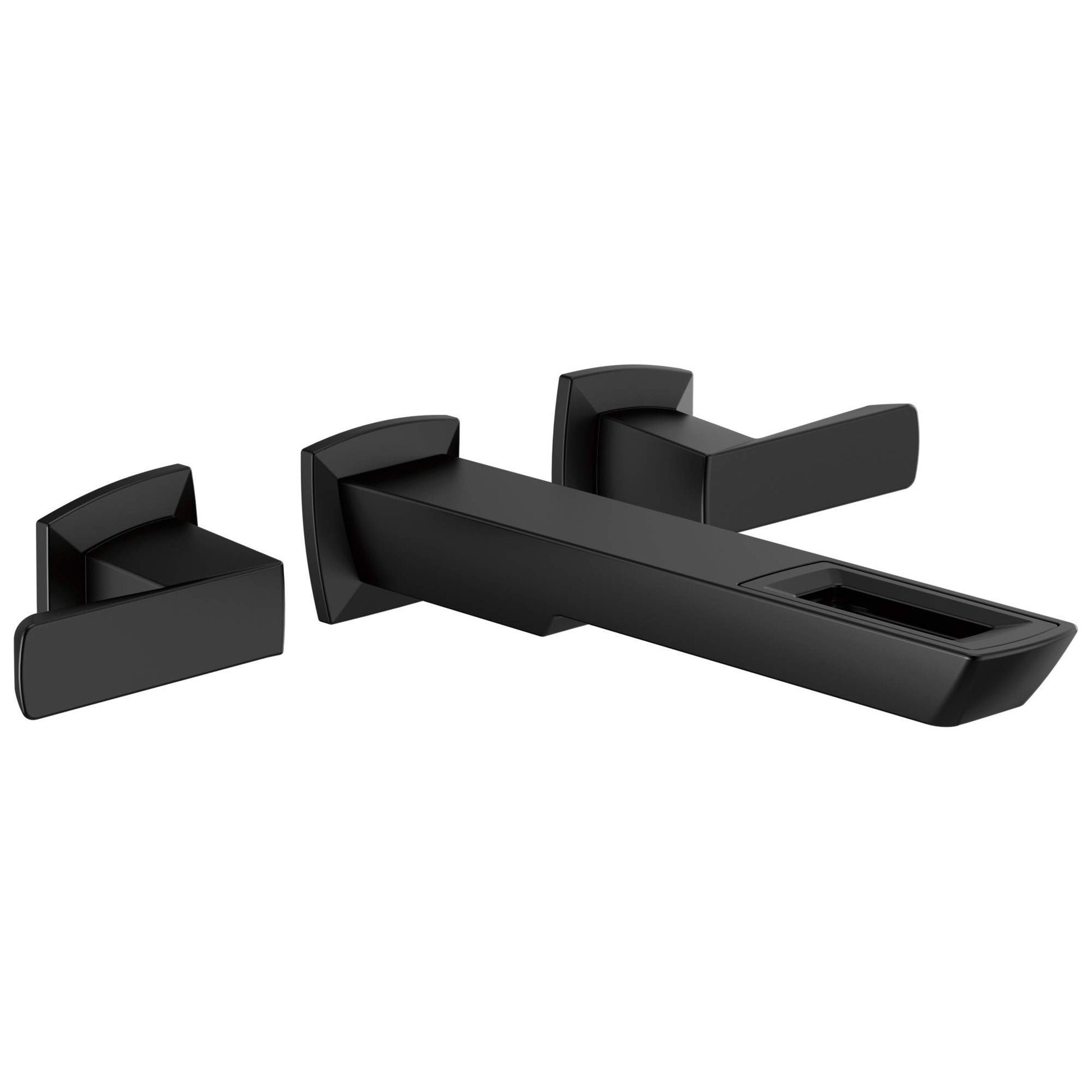 Black wall-mounted bathroom faucet with two lever handles and rectangular open-flow spout.