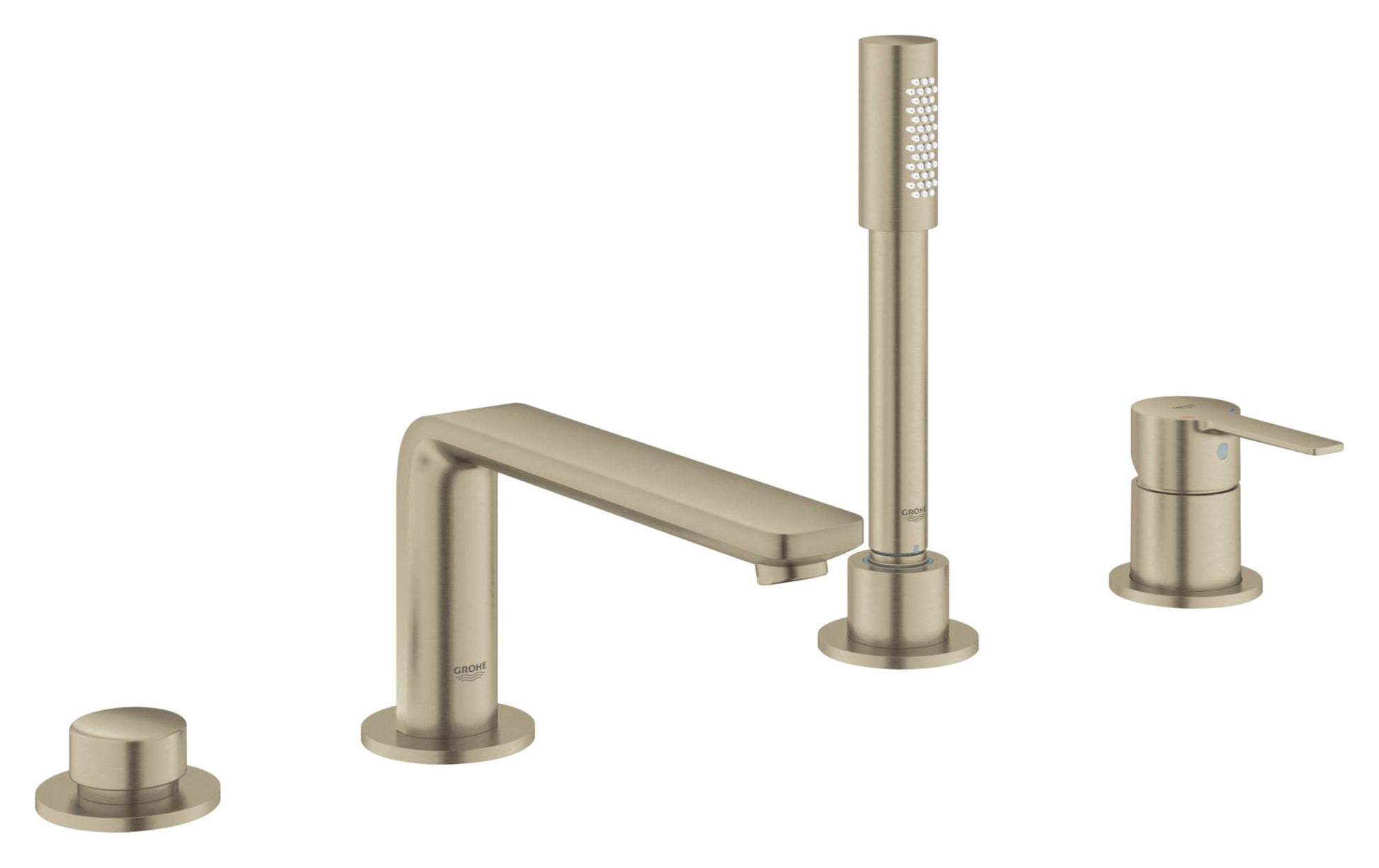 Brushed nickel four-piece Roman tub faucet set with single handle spout, handheld shower head, and two deck-mounted controls.