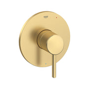 Grohe Concetto pressure balance valve trim with round escutcheon plate and single lever handle in brushed gold finish.