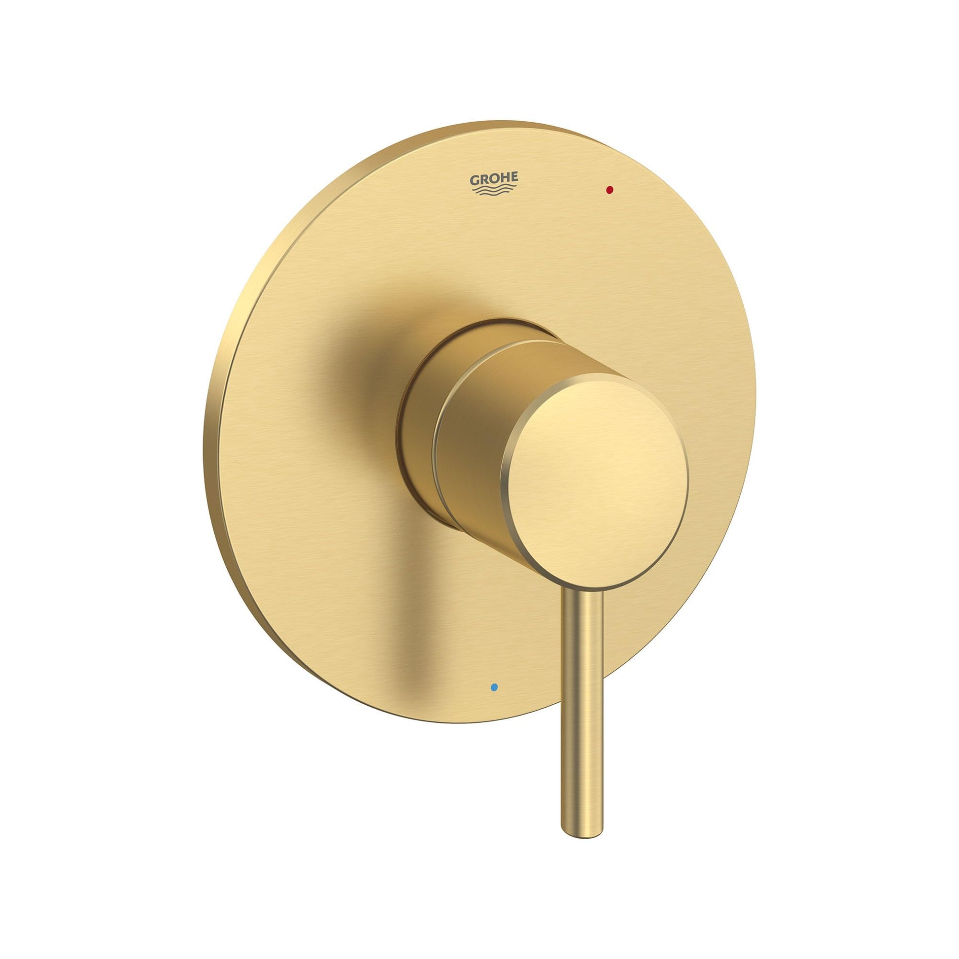 Grohe Concetto pressure balance valve trim with round escutcheon plate and single lever handle in brushed gold finish.