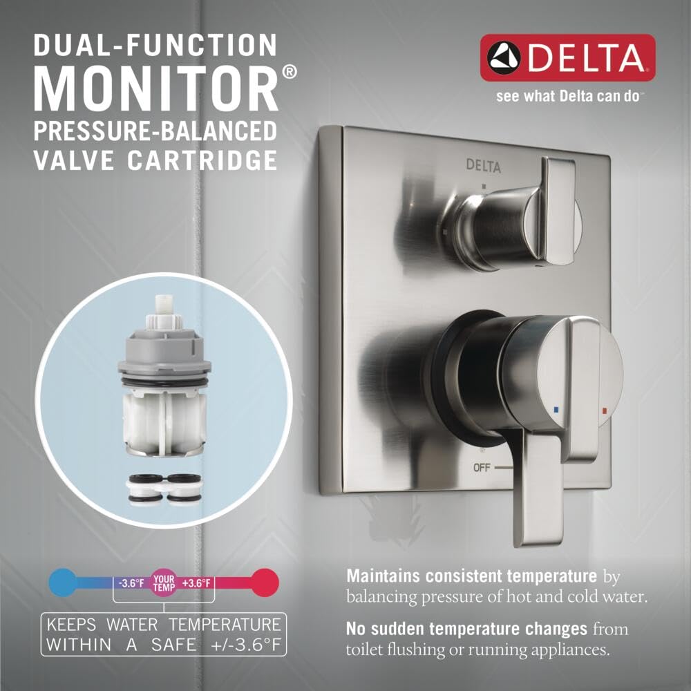 Stainless steel Delta thermostatic diverter trim with dual lever handles and pressure-balanced valve cartridge shown.