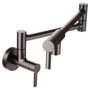 Black stainless steel wall-mounted pot filler faucet with swing arm and lever handle.