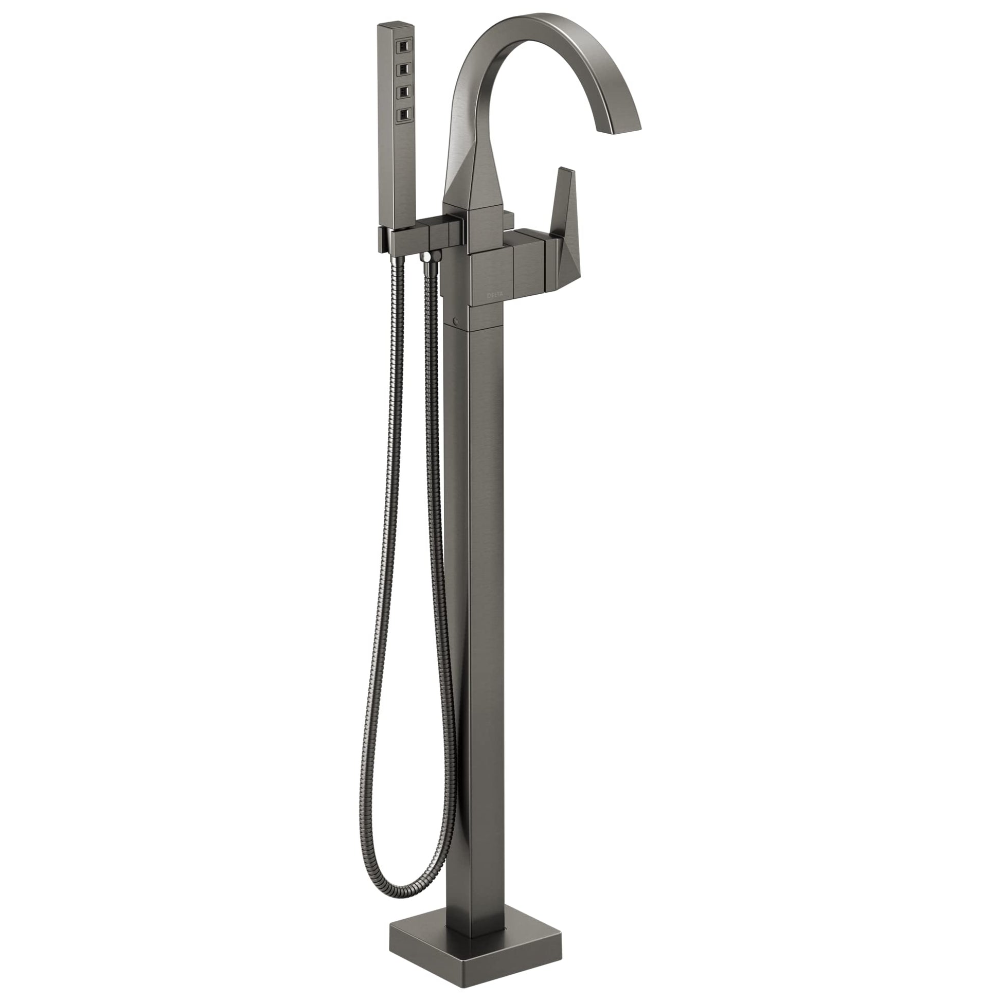 Gunmetal gray floor-mount tub filler with high arcing spout, single handle, and handheld showerhead with hose.