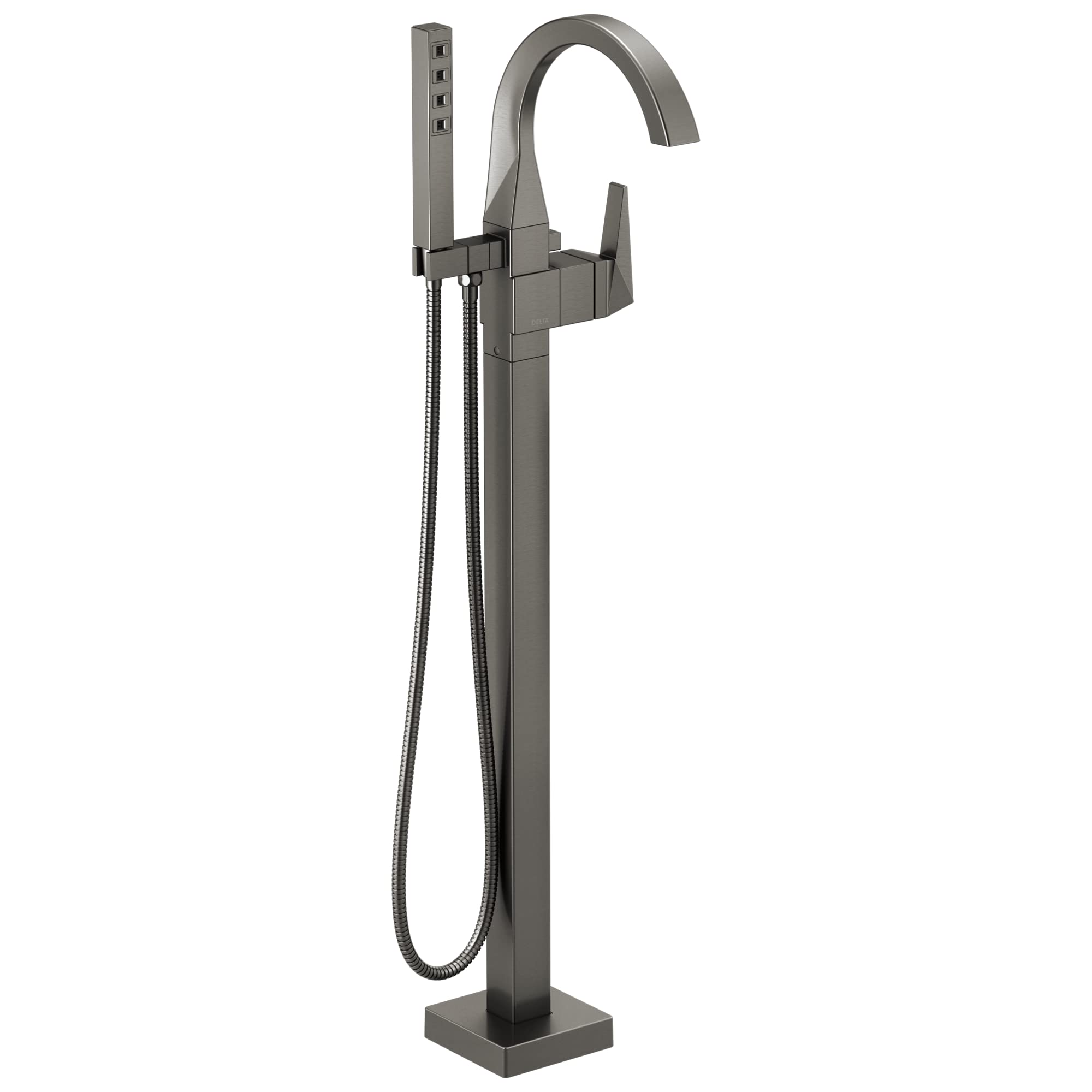 Gunmetal gray floor-mount tub filler with high arcing spout, single handle, and handheld showerhead with hose.