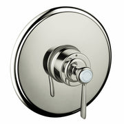 Polished nickel pressure balance shower trim with circular trim plate and single lever handle.