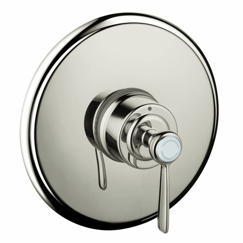 Polished nickel pressure balance shower trim with circular trim plate and single lever handle.