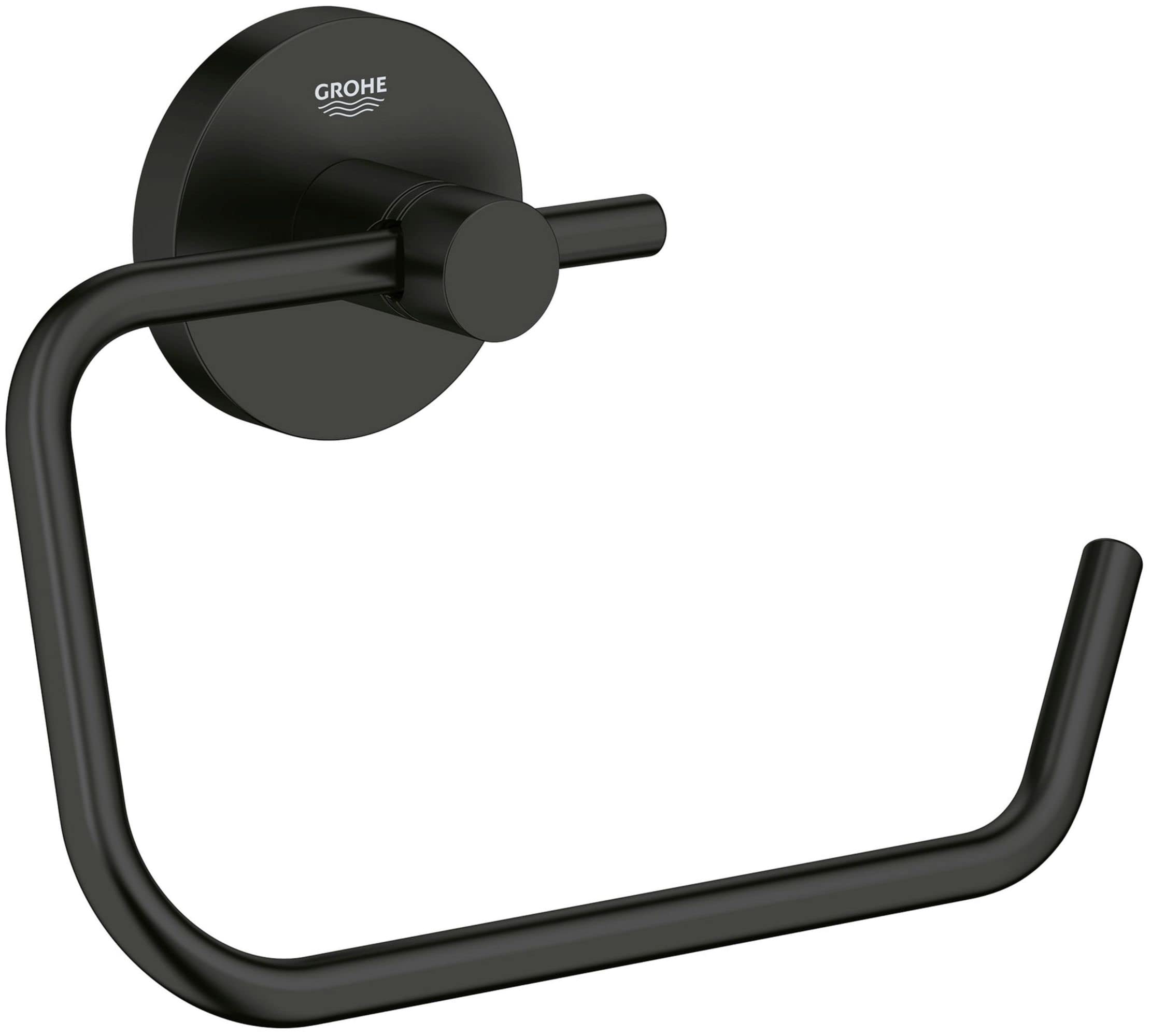 Matte black wall-mounted toilet paper holder with circular backplate and curved arm design.