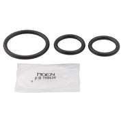 Three black rubber o-rings in varying sizes with Moen part number 108630 in clear plastic bag.