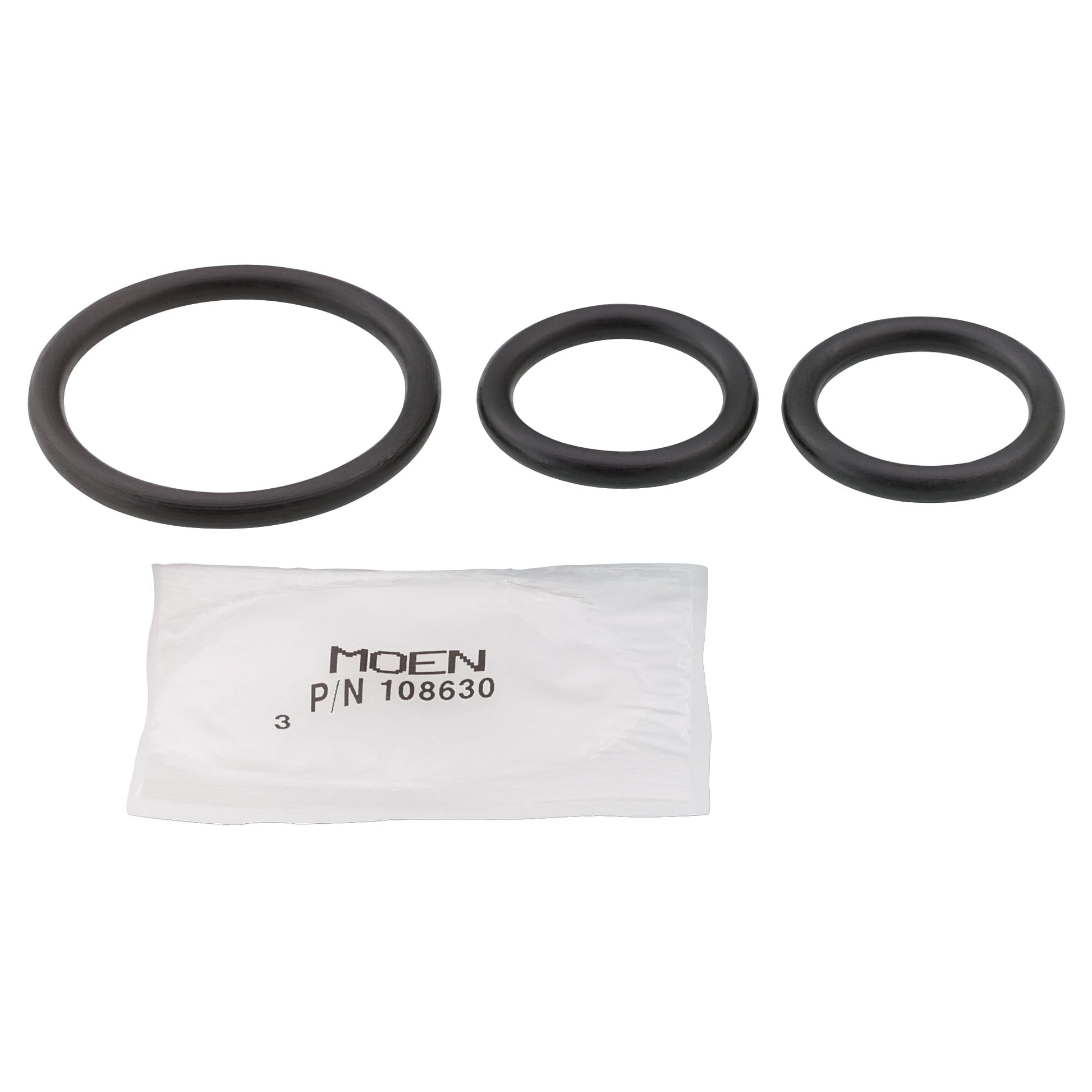 Three black rubber o-rings in varying sizes with Moen part number 108630 in clear plastic bag.
