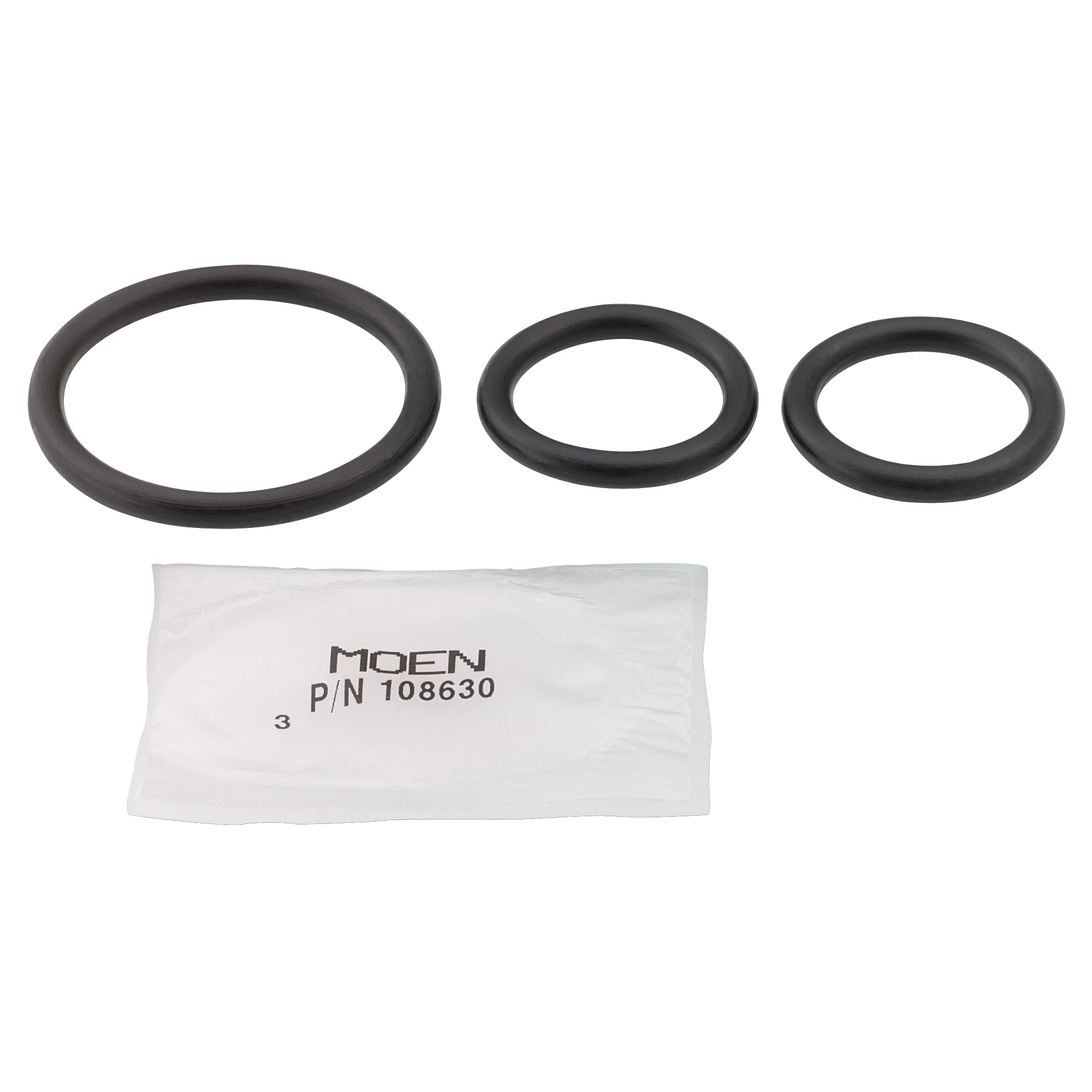 Three black rubber o-rings in varying sizes with Moen part number 108630 in clear plastic bag.