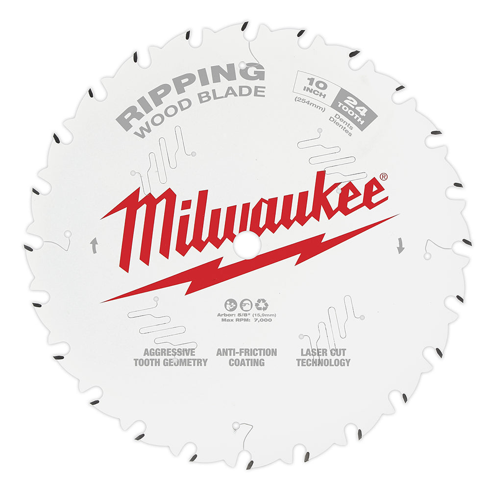 White circular saw blade with 24 black teeth around edge, Milwaukee logo and ripping wood blade text printed on face.
