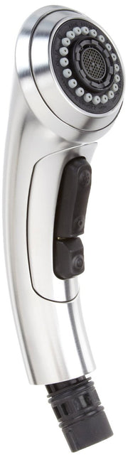 Stainless steel pull-out wand assembly with black grip handle and circular showerhead with multiple spray holes.