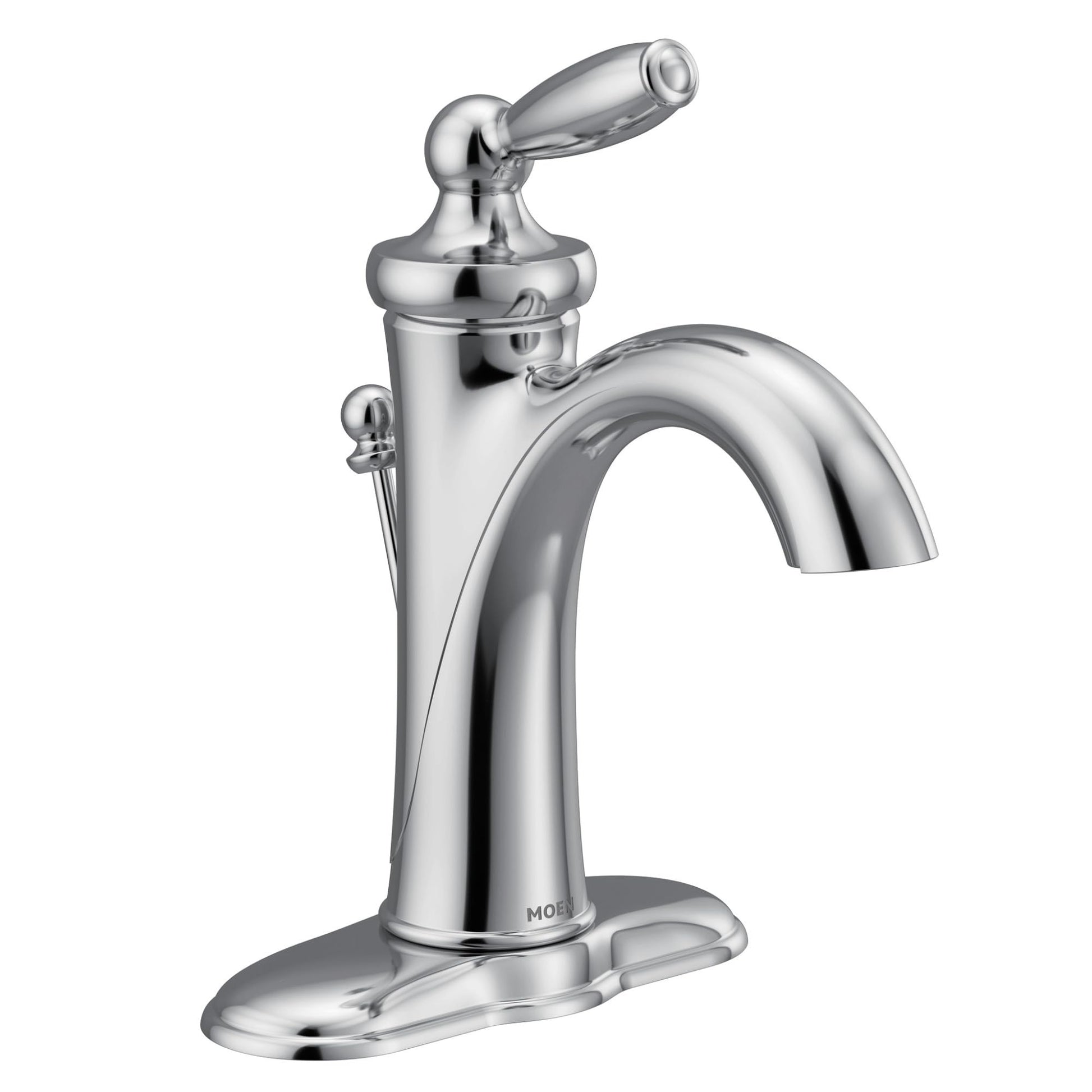 Chrome bathroom sink faucet with single lever handle and curved spout on oval base.