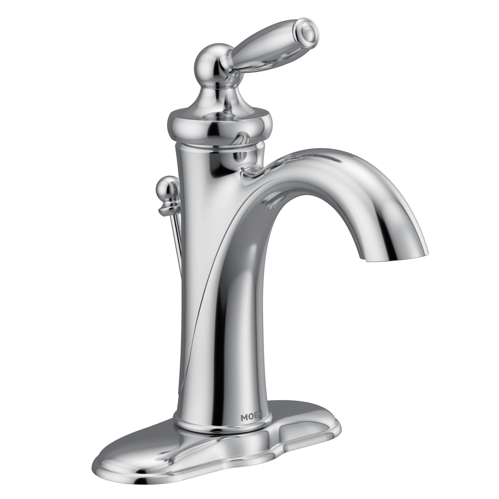 Chrome bathroom sink faucet with single lever handle and curved spout on oval base.