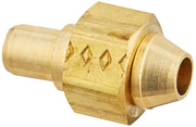 Brass quick-connect nut and adapter with hexagonal body and threaded ports on both ends.