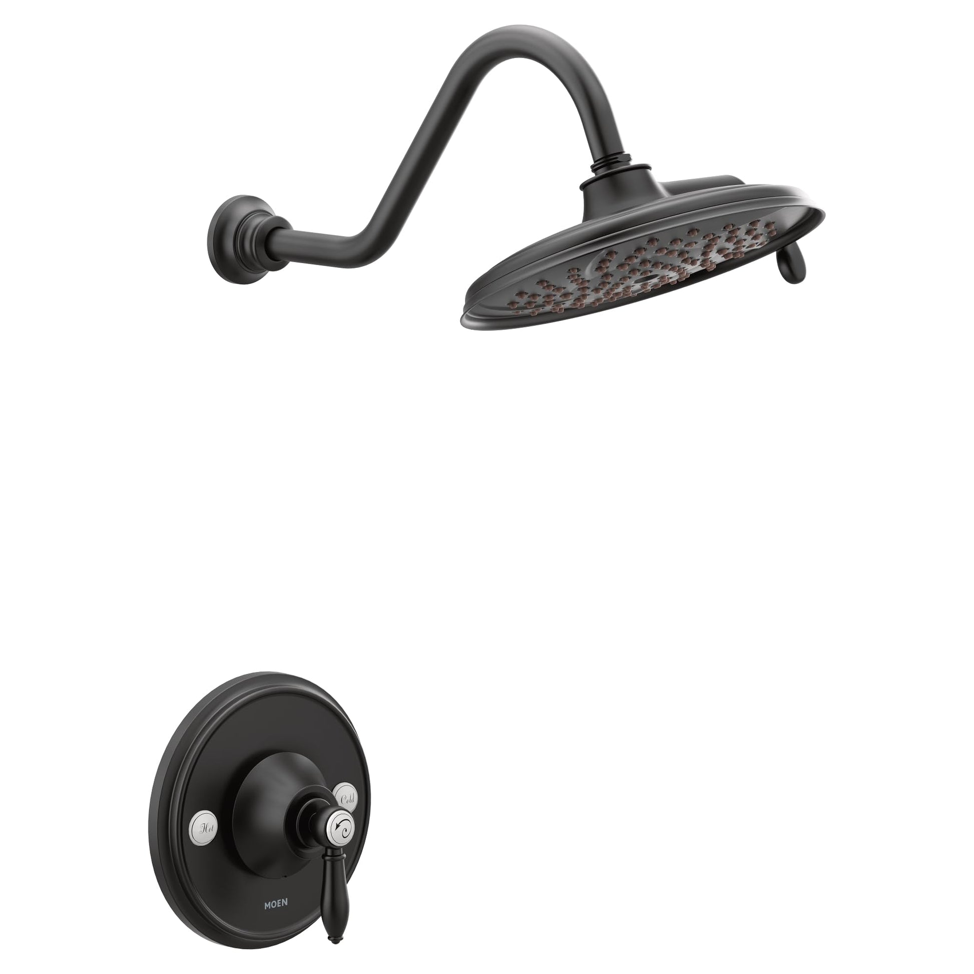Matte black curved shower arm with oval rainshower head and matching round valve trim plate with control handle.