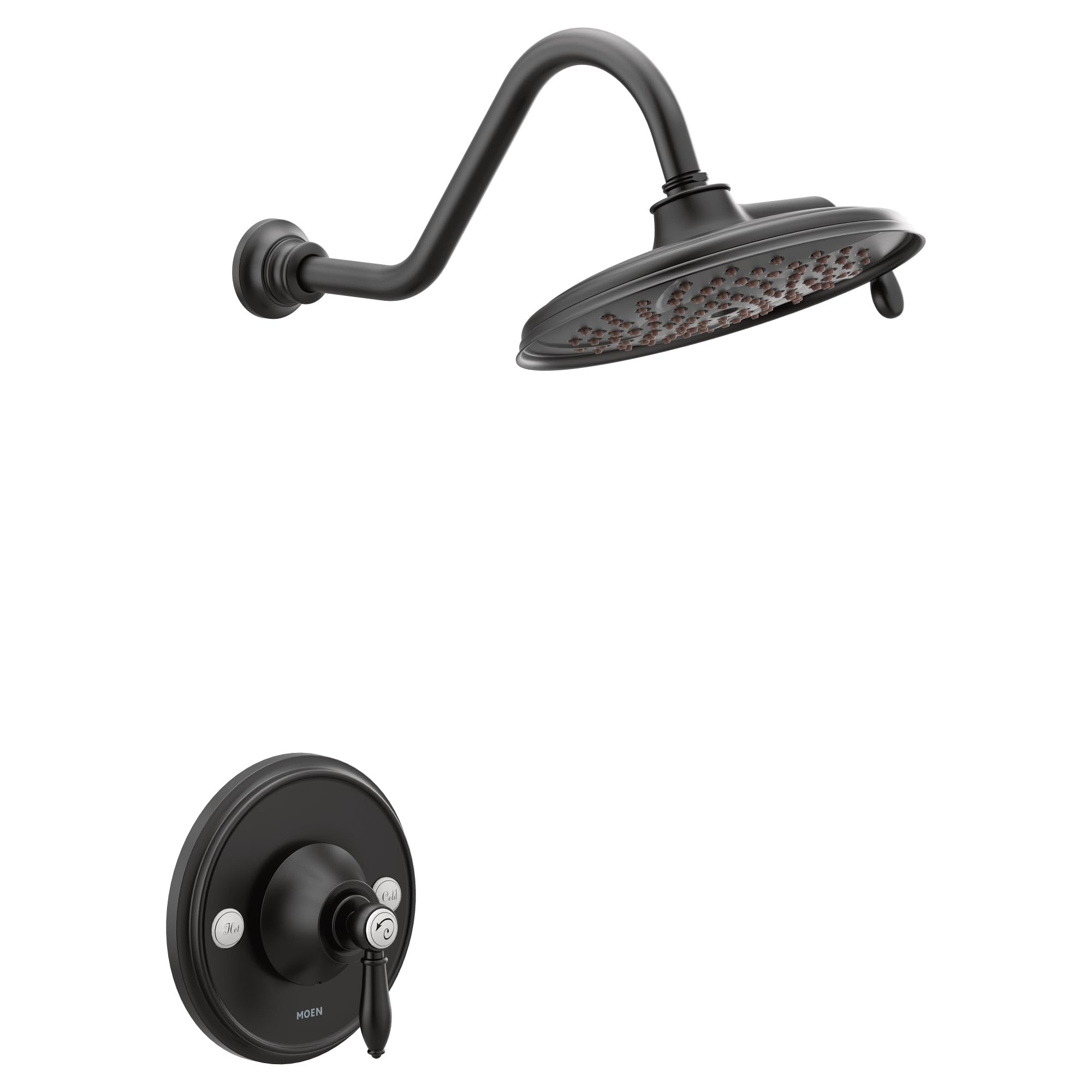 Matte black curved shower arm with oval rainshower head and matching round valve trim plate with control handle.