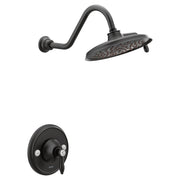 Matte black shower trim kit with curved arm, oval rainshower head with multiple spray holes, and round valve control with lev