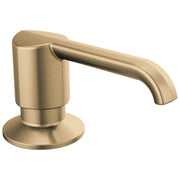 Champagne bronze soap dispenser with cylindrical pump and curved spout mounted on circular base.